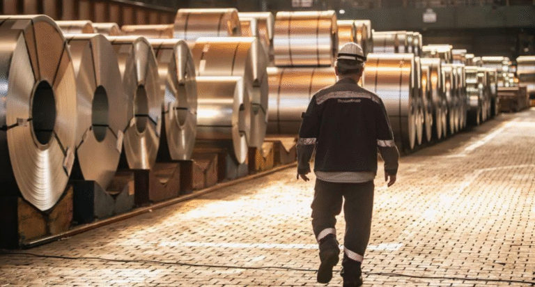 A worker walks past coils of finished steel at the Thyssenkrupp steel mill in Duisburg, Germany. Photo: March 2025